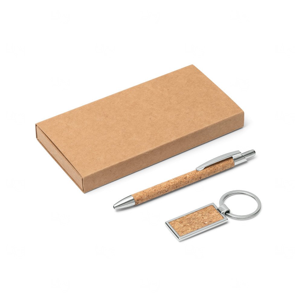 Kit com Caneta e Chaveiro em Cortiça Personalizado Natural