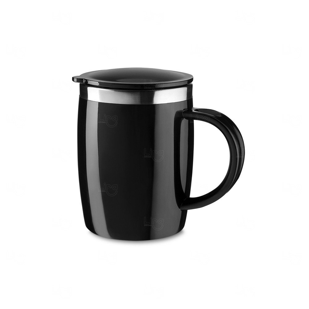Caneca 400ml Plástica e Inox Personalizada Preto