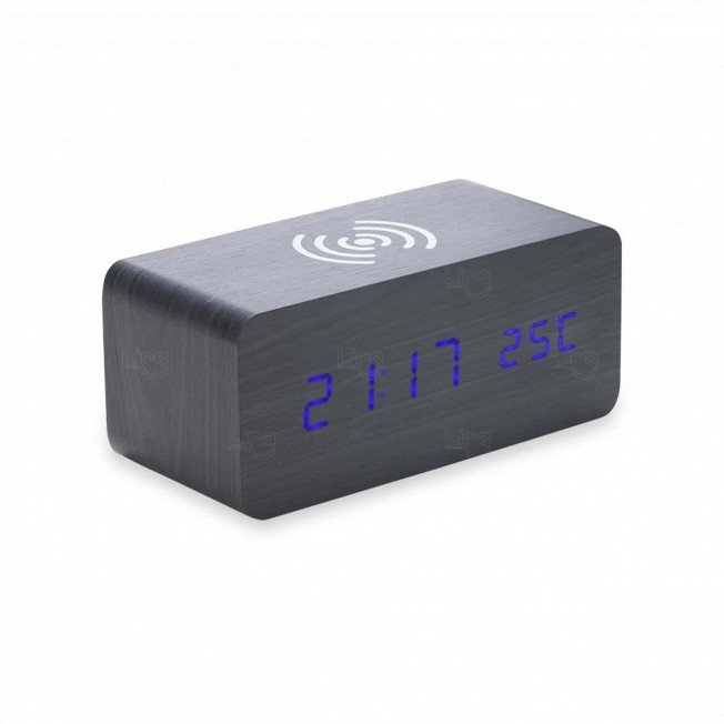 Relógio de Madeira com Base Carregador por Indução Personalizado 