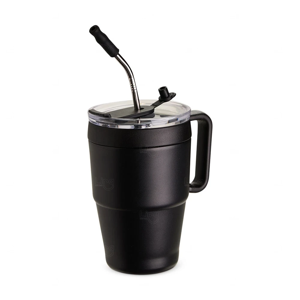Caneca Térmica 600ml com Canudo Inox Personalizada Preto